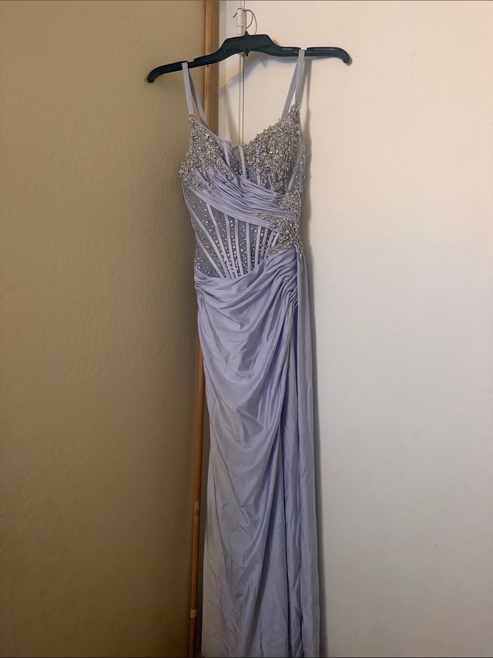 Beaded Lavender Prom Gown with Draped Skirt